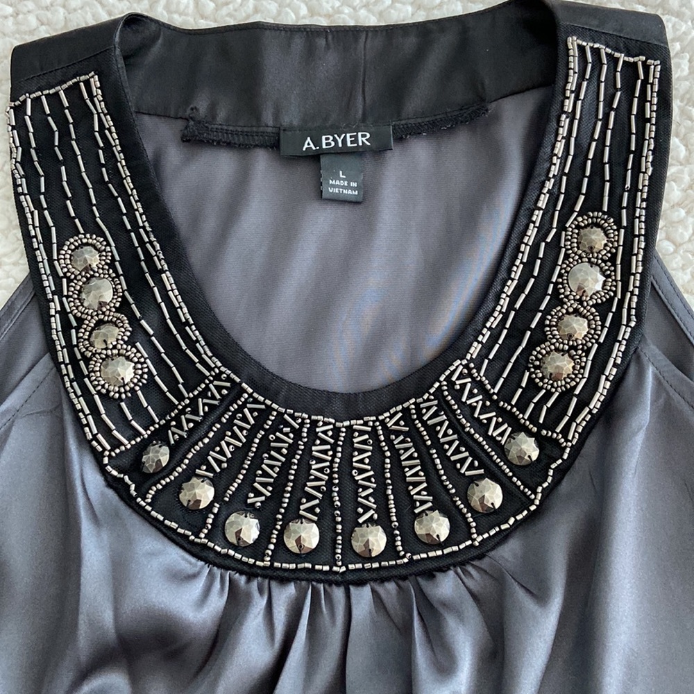 Satin finish Steele Gray with smoked Silver embellished sleeveless top. Size L